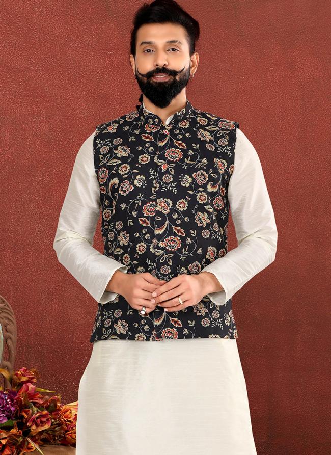 Cotton Print Black Festival Wear Embroidery Work Readymade Men's Waist Coat